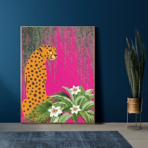 Imprimé léopard tropical rose vif - Art mural maximaliste vibrant pour une décoration exotique