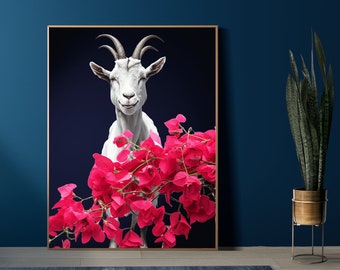 Happy Goat with Vibrant Pink Bougainvillea - Quirky Maximalist Wall Art Print on Dark Blue Background