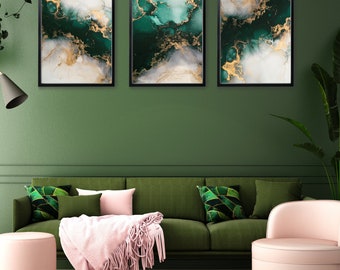 Emerald Green & Gold Fluid Ink Print Set, Living Room Wall