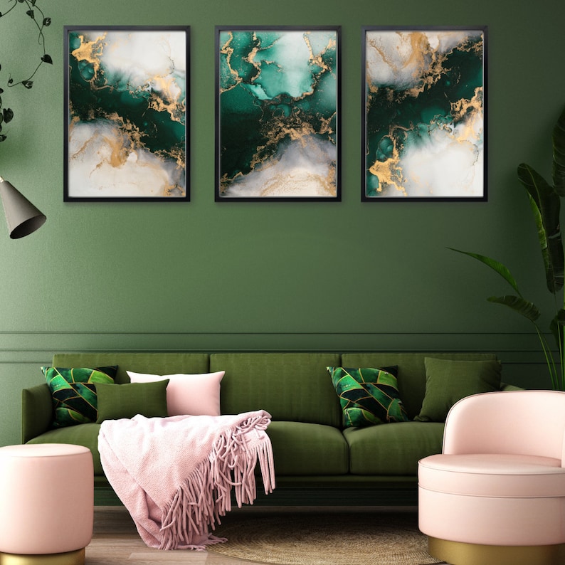 Emerald Green & Gold Fluid Ink Print Set Living Room Wall Etsy