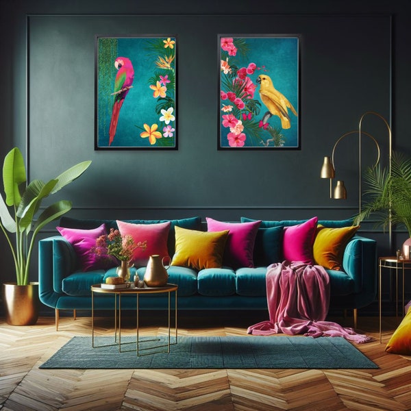 Exotic Vibrant Teal Tropical Bird Print Set, Maximalist Jungle Wall Décor, Bold and Quirky Jungle Prints