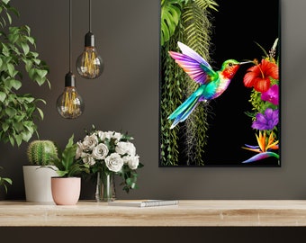 Vibrant Hummingbird & Tropical Foliage Print, Exotic Jungle Maximalist Wall Art on Striking Black Background