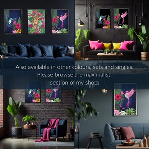Vibrant Tropical Maximalist Art Print Set of 3 - Navy, Pink & Yellow ...