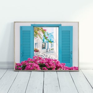Greek Street View Wall Print, Greece Through a Window Print, Mediterranean View Print, Bougainvillea Decor