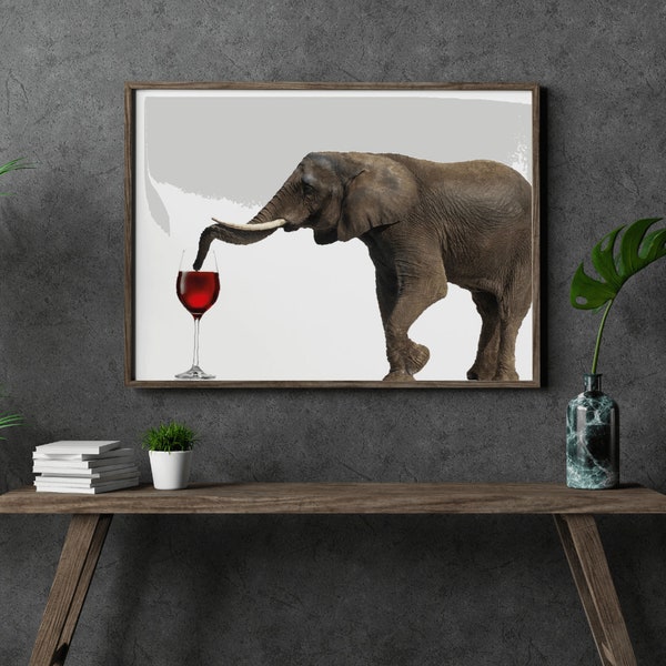 Eigenzinnige olifant rode wijn muur print, leuke olifant muur print, alcohol kunst aan de muur, moderne dieren muur prints