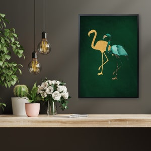 Emerald Green and Gold Flamingo Print, Flamingo Wall Art, Maximalist Wall Art