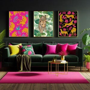 Jungle Leopard & Tiger Wandkunst 3er-Set | Maximalistische Tierdrucke | Bold Exotic Decor | Pink und Grün Tropische Ästhetik