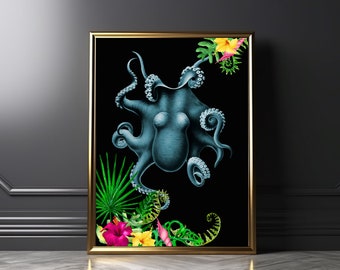 Maximalist Octopus Wall Print with Vibrant Tropical Flowers & Exotic Botanicals on a Black Background