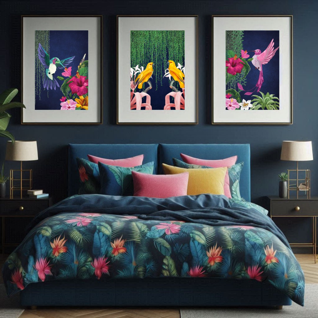 Vibrant Tropical Maximalist Art Print Set of 3 - Navy, Pink & Yellow ...