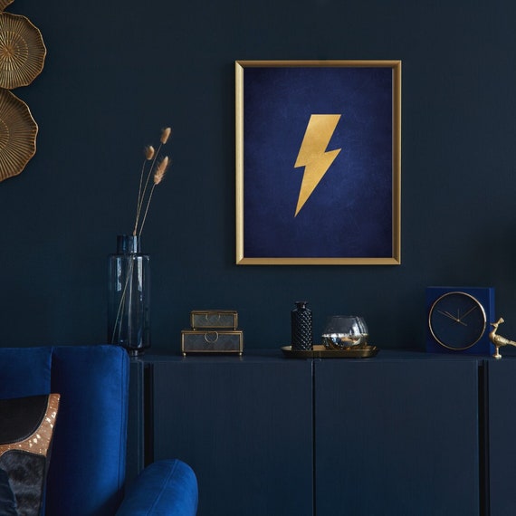 Navy Blue and Gold Lightning Bolt Print, Navy Blue Luxe Wall Decor, Lightning Print Decor, Dramatic Wall Art