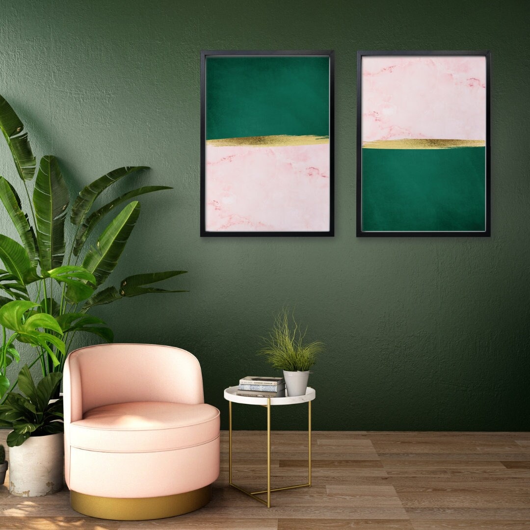 Pink, Emerald Green and Gold Abstract Wall Print Set, Living Room Wall