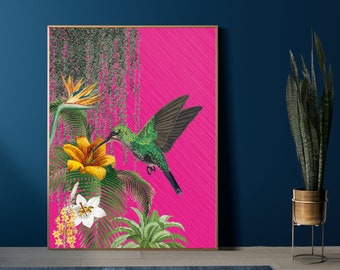 Hot Pink Tropical Hummingbird Print, Bright Bold Maximalist Wall Art