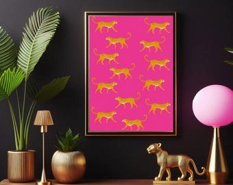 Hot Pink Cheetah Wall Print, Vibrant Tropical Wall Art, Maximalist Jungle Print
