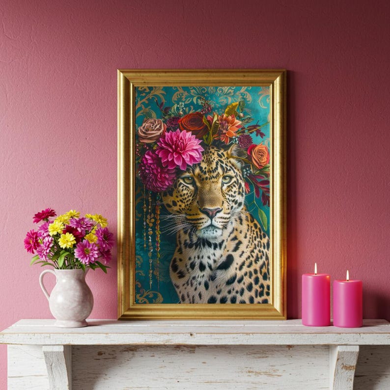 Leopard Floral Crown Art Print | Maximalist Jungle Cat Decor - Etsy