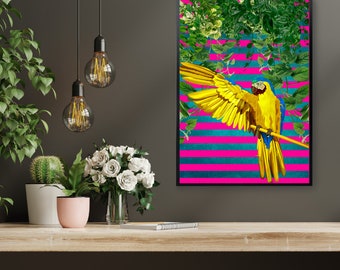 Exotic Bold Tropical Maximalist Parrot Print — Vibrant Jungle Wall Art in Teal and Pink