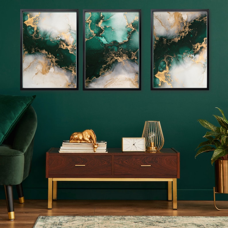 Emerald Green & Gold Fluid Ink Print Set Living Room Wall Etsy