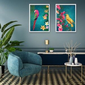 Exotic Vibrant Teal Tropical Bird Print Set, Maximalist Jungle Wall ...