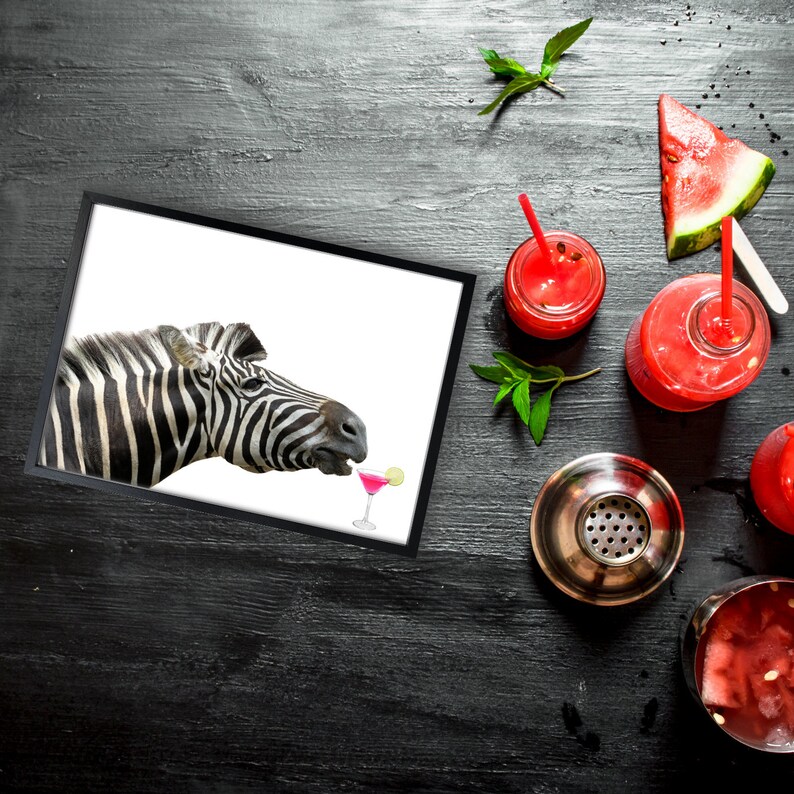 Quirky Zebra Wall Art Cocktail Wall Print Animal Theme Home Etsy UK