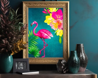 Vibrant Maximalist Flamingo Print, Tropical Teal Maximalist Wall Art, Bright Statement Wall Decor