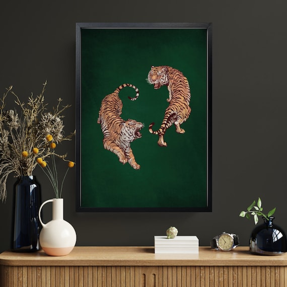 Yin Yang Tiger Wall Art | Dark Green Statement Wall Print | Maximalist Tiger Home Decor