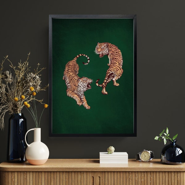 Yin Yang Tiger Wand Kunst | Dunkelgrünes Statement Wandbild | Maximalistische Tiger Wohnkultur
