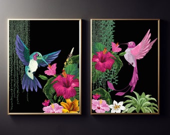 Tropical Birds Print Set - Bold Bright Maximalist Wall Art on Black Background featuring Vibrant Jungle Themes