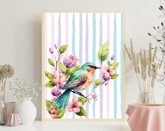 Pastel Floral Bird Wall Print, Bright Maximalist Bird Wall Art, Candy Colour Wall Poster