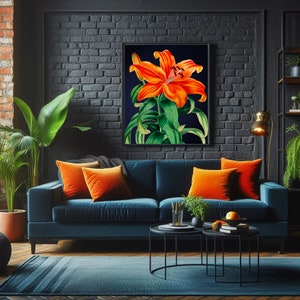Leuchtende orange tropische Blume auf dunkelblauem Hintergrund | Großes Maximalist Botanisches Wandposter