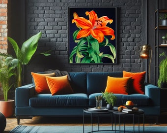 Vibrant Orange Tropical Flower on Dark Navy Background Print | Bold Large Maximalist Botanical Wall Poster