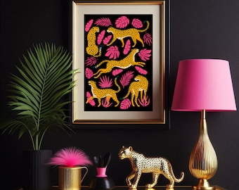 Leopard Jungle Wall Art, Hot Pink Tropical Leaves, Maximalist Print