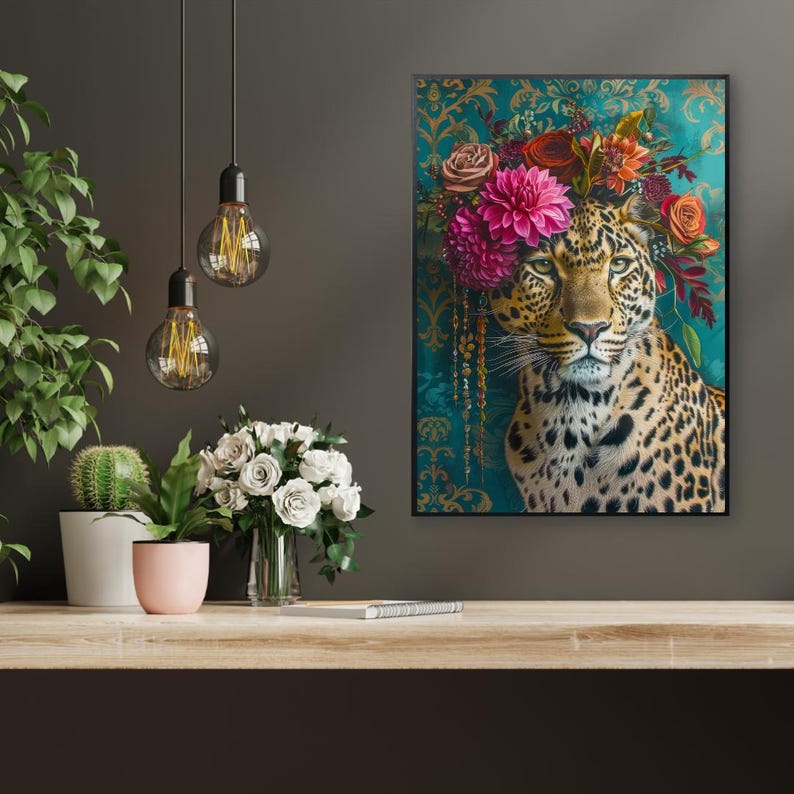 Leopard Floral Crown Art Print | Maximalist Jungle Cat Decor - Etsy