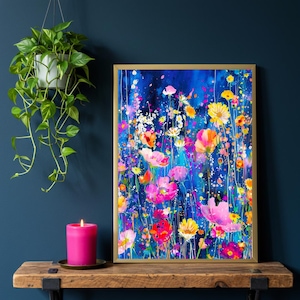 Colourful Wildflower Wall Art | Watercolour Style Floral Print | Bright Botanical Maximalist Decor | Boho Nature-Inspired Artwork