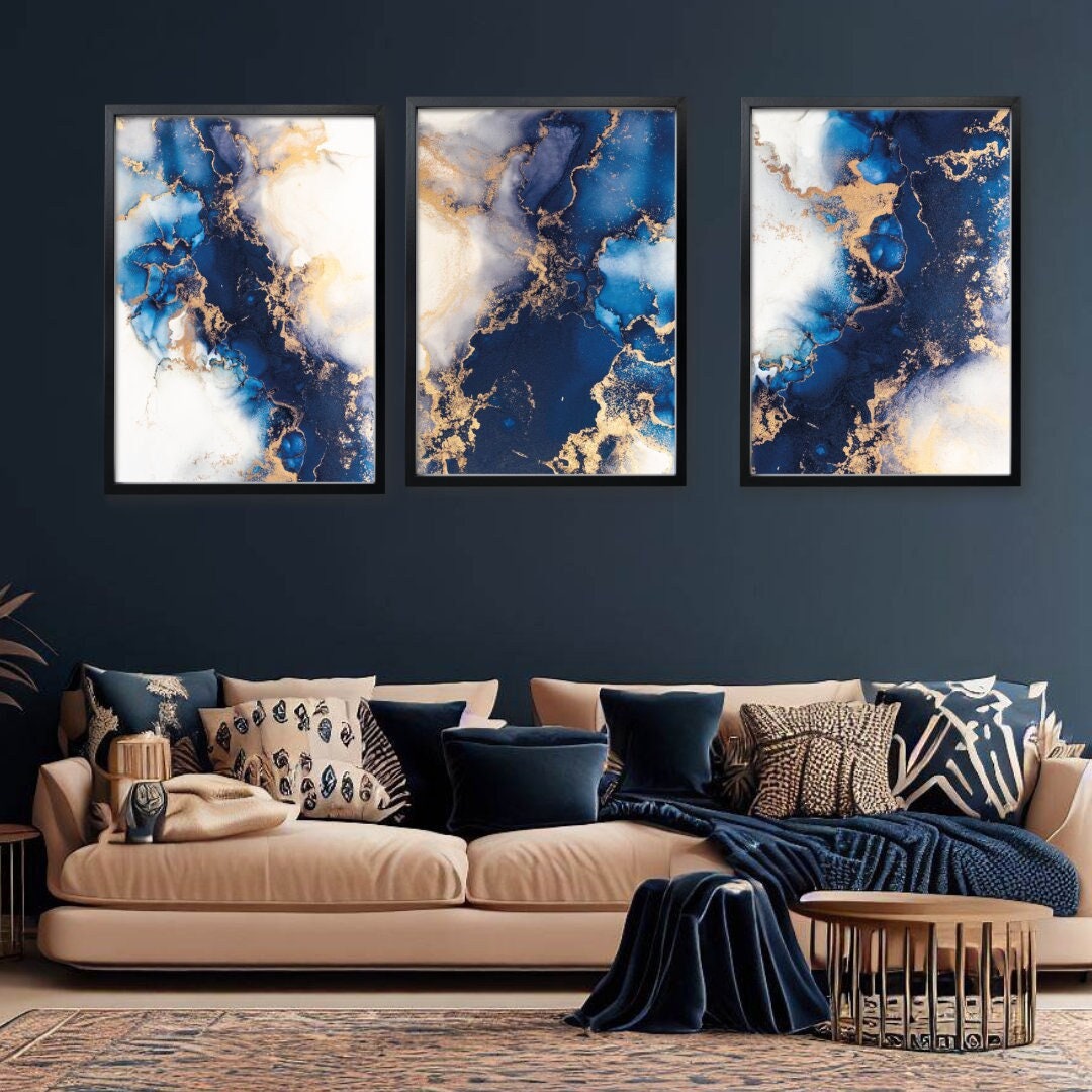Blue & Gold Fluid Ink Print Set, Living Room Wall Posters, Glam Wall ...