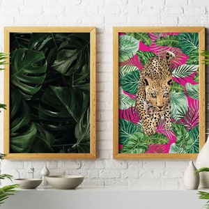 Set of 2 Bold Jungle Wall Art, Tropical Maximalist Prints with Leopard Print and Botanical Print Set