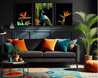 May include: A dark living room with a black couch, orange and blue throw pillows, and a blue rug with orange and white floral designs. Three framed prints with black backgrounds and images of a peacock and orange flowers hang on the wall.