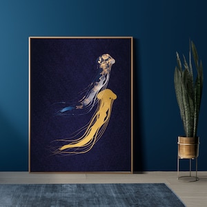 May include: Abstract art print featuring two gold jellyfish on a dark blue background. The jellyfish are stylized and have a textured, metallic look.