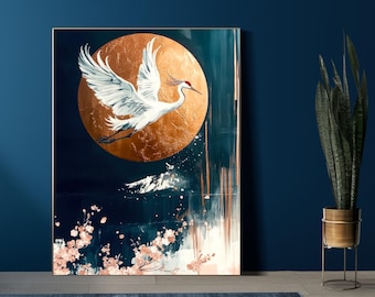 Lámina artística de grulla japonesa / Luna dorada, decoración de flores de cerezo