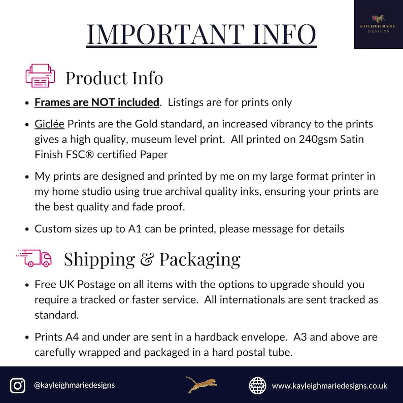 May include: White background with the text "IMPORTANT INFO" at the top. Below, "Product Info" and details about Gicl&eacute;e prints, archival inks, and custom sizes up to A1. The text also mentions the brand name and website.