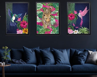 Navy & Pink Tropical Maximalist Print Set - Exotic Animals and Botanical Wall Prints, Bold Jungle Posters, Statement Wall Art