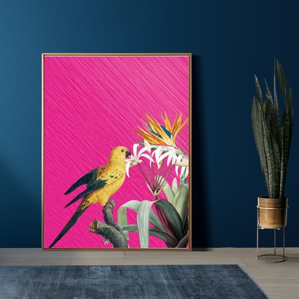 Bright Pink Tropical Wall Print, Tropical Bird & Botanical Print, Maximalist Wall Art