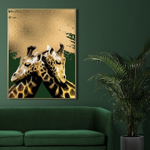 Impresión de pared con pareja de jirafas en verde esmeralda y dorado