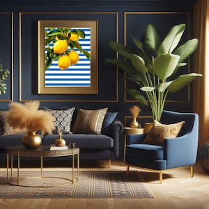 Lebhafter Zitronen-Wanddruck auf blau-weiß gestreiftem Hintergrund, Maximalistische mediterrane Obstkunst