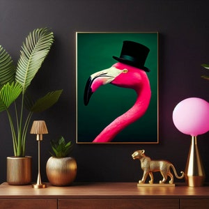 Kultiger Pinker Flamingo mit Zylinder - Dunkler Moody Green Maximalist Wand Kunst Druck