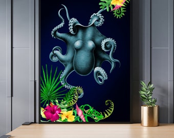 Maximalist Octopus Wall Print with Vibrant Tropical Flowers & Exotic Botanicals on a Dark Blue Background