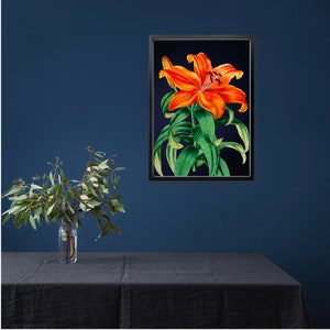 Vibrant Orange Tropical Flower on Dark Navy Background Print Bold Large Maximalist Botanical Wall Poster image 5