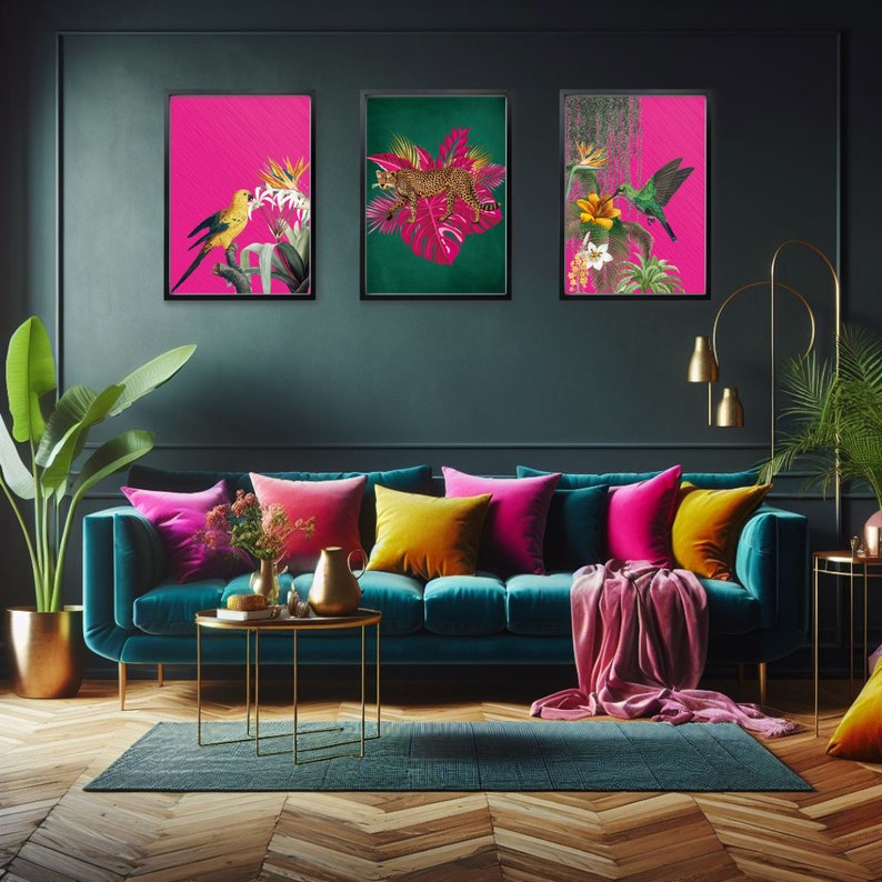 Tropical Maximalist Set of 3 Prints | Jungle Wall Art | Emerald Green ...