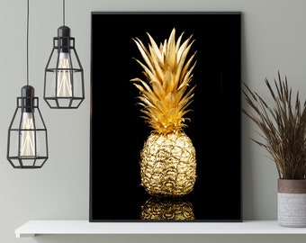 Gouden ananasprint | Muurkunst metallic look, zwarte achtergrond