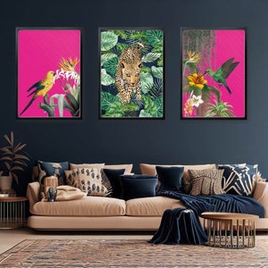 Tropischer maximalistischer Drucksatz von 3, Dschungel-Wand-Kunst-Set, Pink-Vogeldrucke, Marine-Leoparden-Wandkunst
