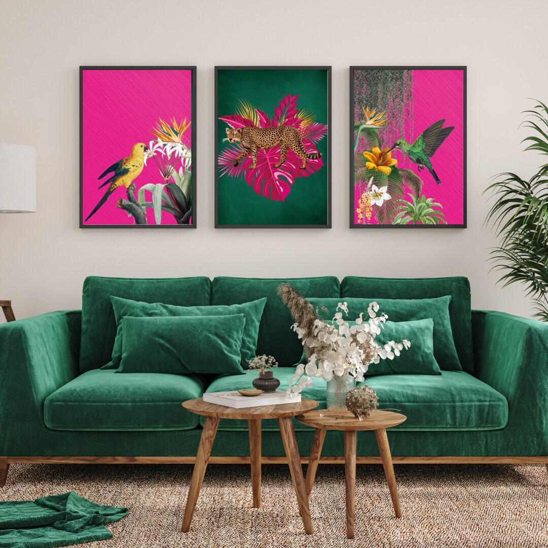 Tropical Maximalist Set of 3 Prints | Jungle Wall Art | Emerald Green ...