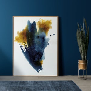 Abstract Blue and Mustard Tone Wall Print, Abstract Watercolour Wall Print, Modern Living Room Wall Print